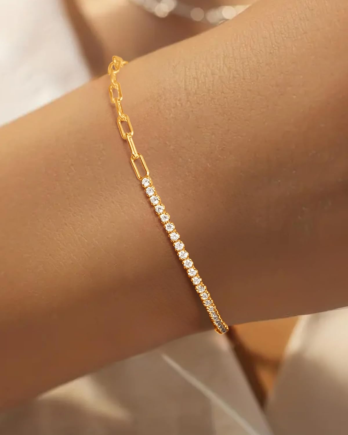 925 Sterling Silver Classic CZ Tennis Bracelets for Women | 14k Gold Plated 1.8MM Cubic Zirconia Tennis Bracelet Trenty Diamond Stack Paperclip Charm Bracelet Jewelry Gifts to Daughter