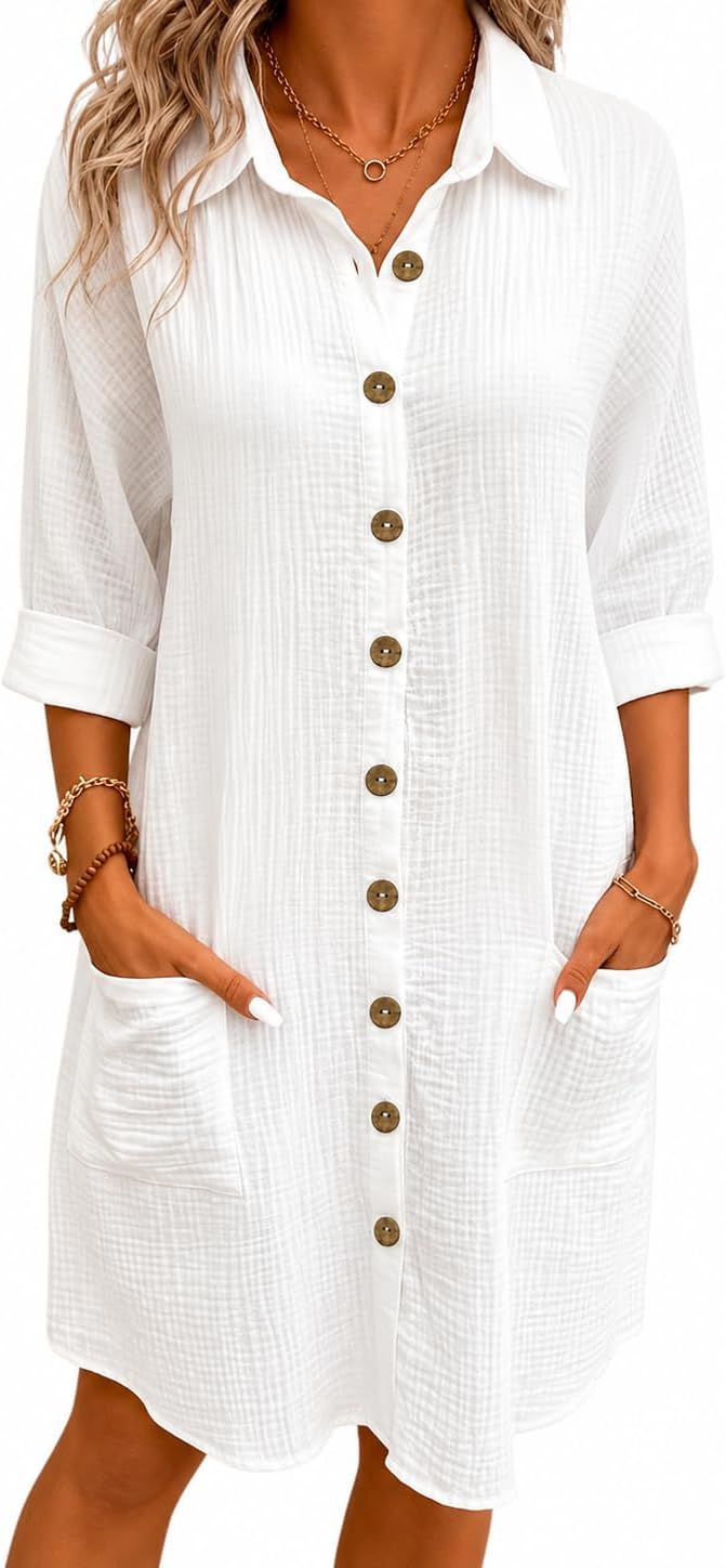 LUSMAY Women's Cotton Shirt Dress, Button-Down with