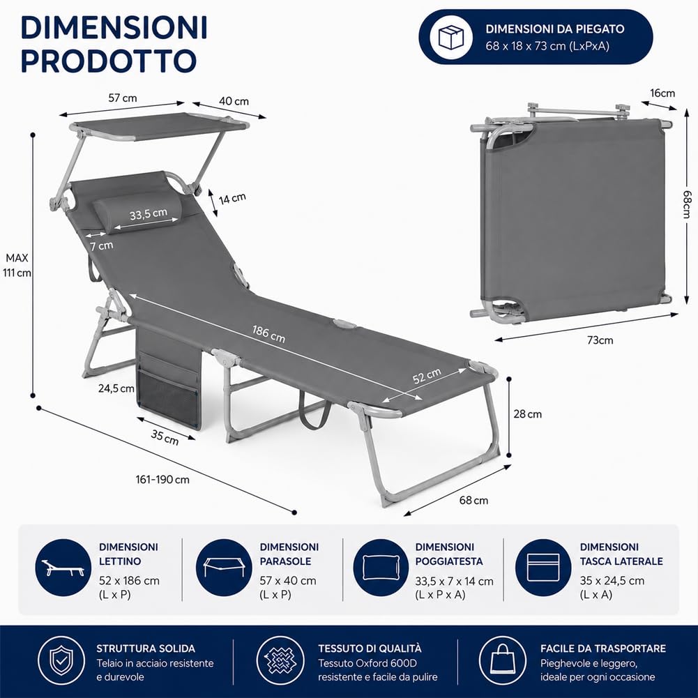 BAKAJI Set 2 Lettini Pieghevoli da Spiaggia per Esterno, Sdraio da Mare con Parasole Reclinabile e Cuscino Ergonomico, Struttura Salvaspazio e Tasca Portaoggetti, Rivestimento Traspirante (Grigio)