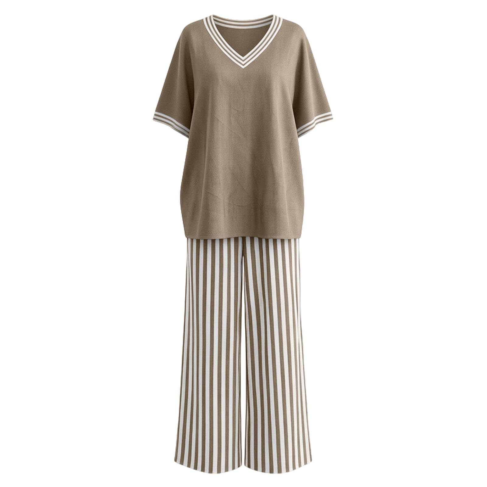 Genérico Conjunto Mujer De Dos Piezas Para Mujer Verano Cuello V Manga Murciélago Contraste Pantalones Anchos Cómodo Elegante Para Salir Diario Talla Grande Estilo Casual Holgado Talla Grande