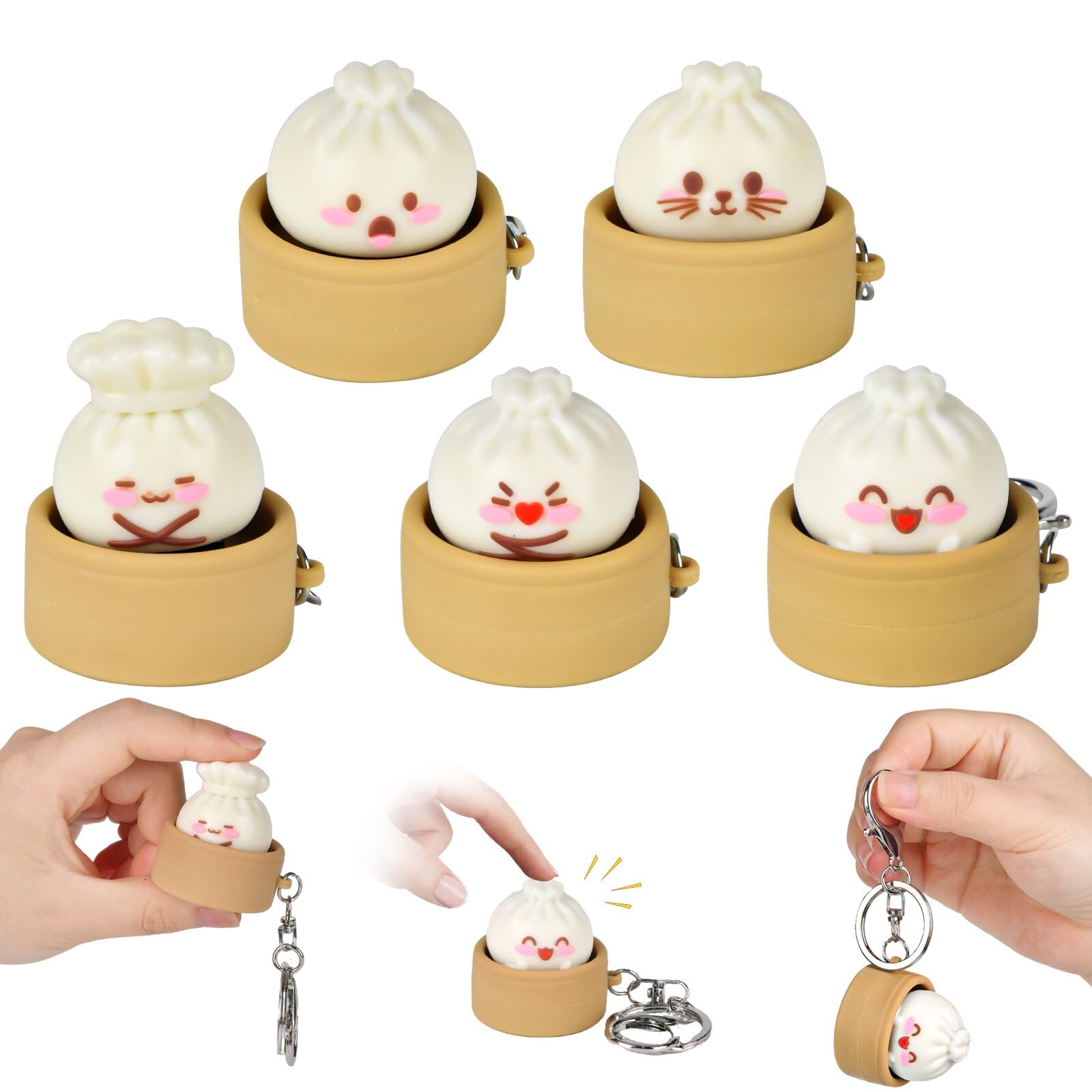 5PCS Dumpling Squishy Clicker Fidget Toy - Dumpling Keychain Fidget Toys with Expression, Cute Fidget Clicker with Crisp Sound, Dumplings Keyboard Keychain Stress Relief Gifts for Office School Travel