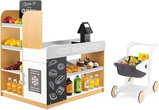 HOMASIS Set di Cassa Supermercato Giocattolo in Legno, Supermercato Giocattolo per Bambini con Carrello Spesa Bambini, Lavagnette, Negozio Giocattolo Educativo Montessori per Bambini da 3+ Anni