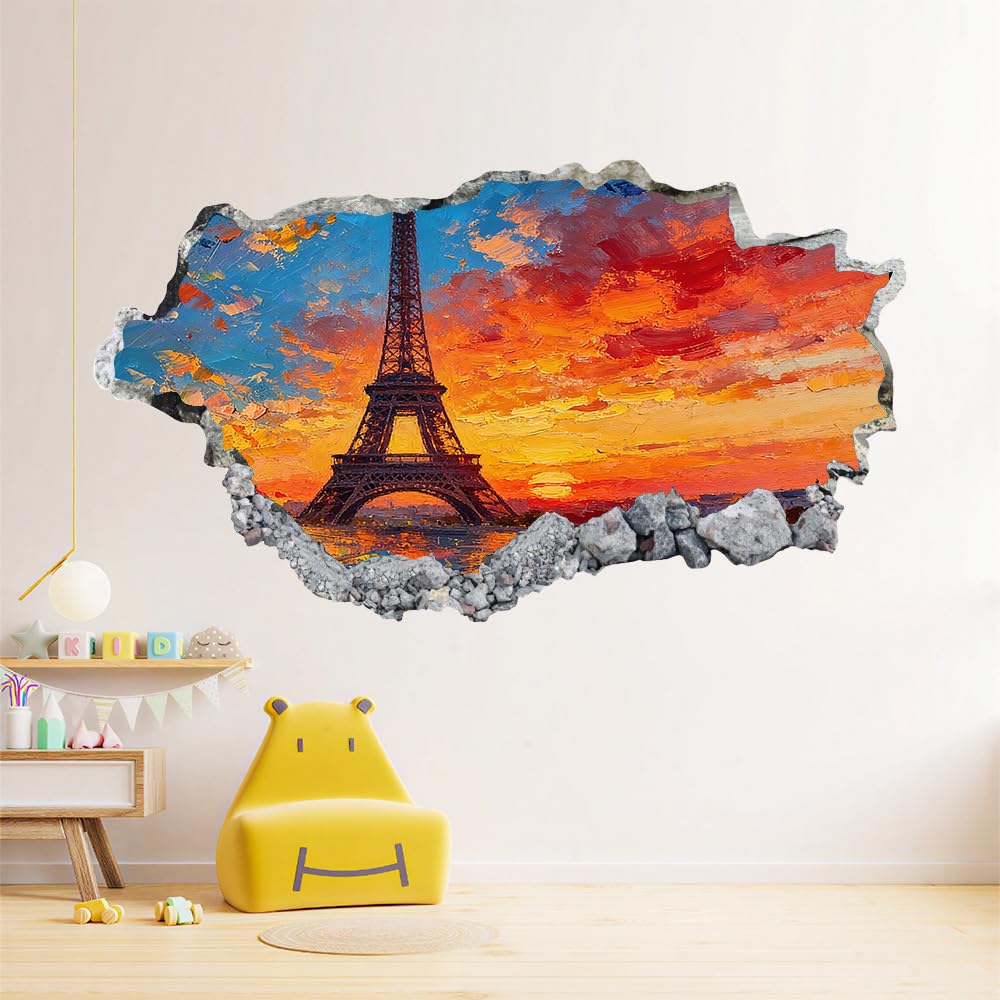3D Wandtattoos Durchbruch Wandbild Eiserner Turm Kinderzimmer Aufkleber Wandaufkleber Gemalte Sonnenuntergangslandschaft Wandsticker für Kinderzimmer Junge Zimmer Wohnzimmer Schlafzimmer