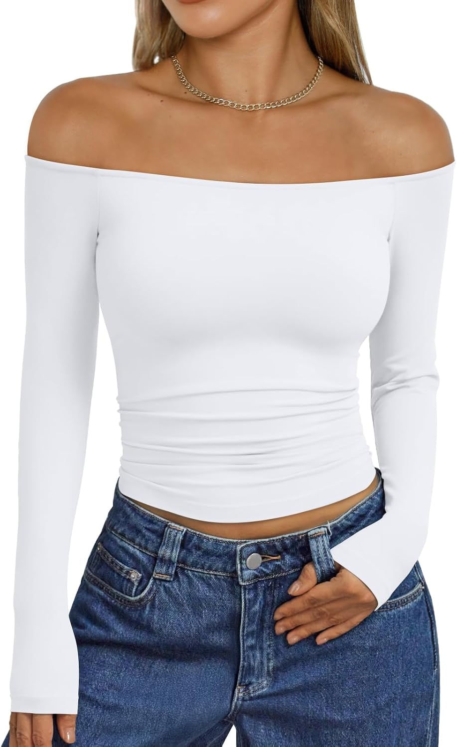 Trendy Queen Womens Long Sleeve Off The Shoulder Tops Going Out Cute Basic Y2K Fall Fashion 2025 Outfits Clothes White Small