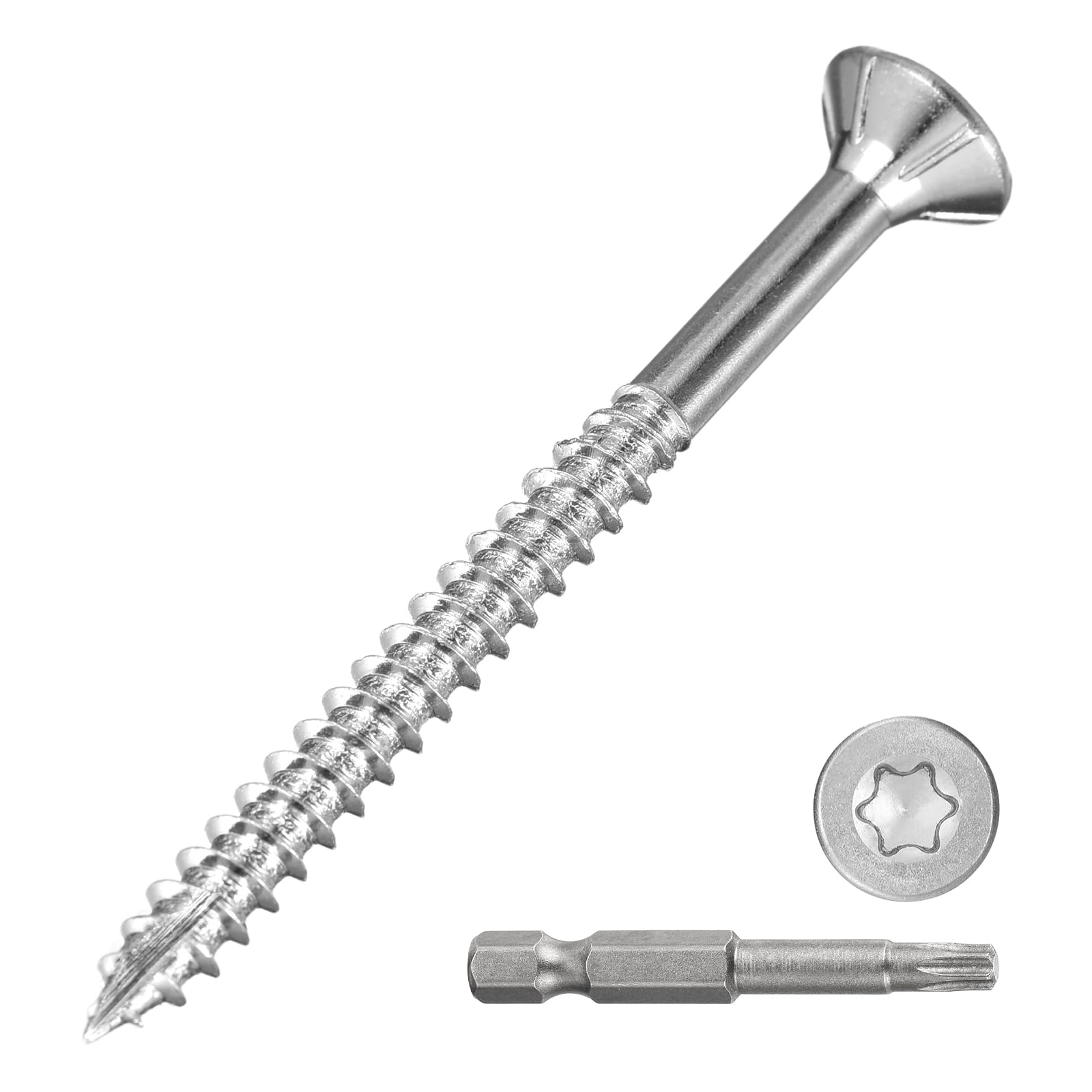 METALLIXITY Deck Screws (#8x2") 100Pcs, Carbon Steel Wood Screw Decking Screws with T25 Torx Drive Head - for Wood Fence, Table, Silver