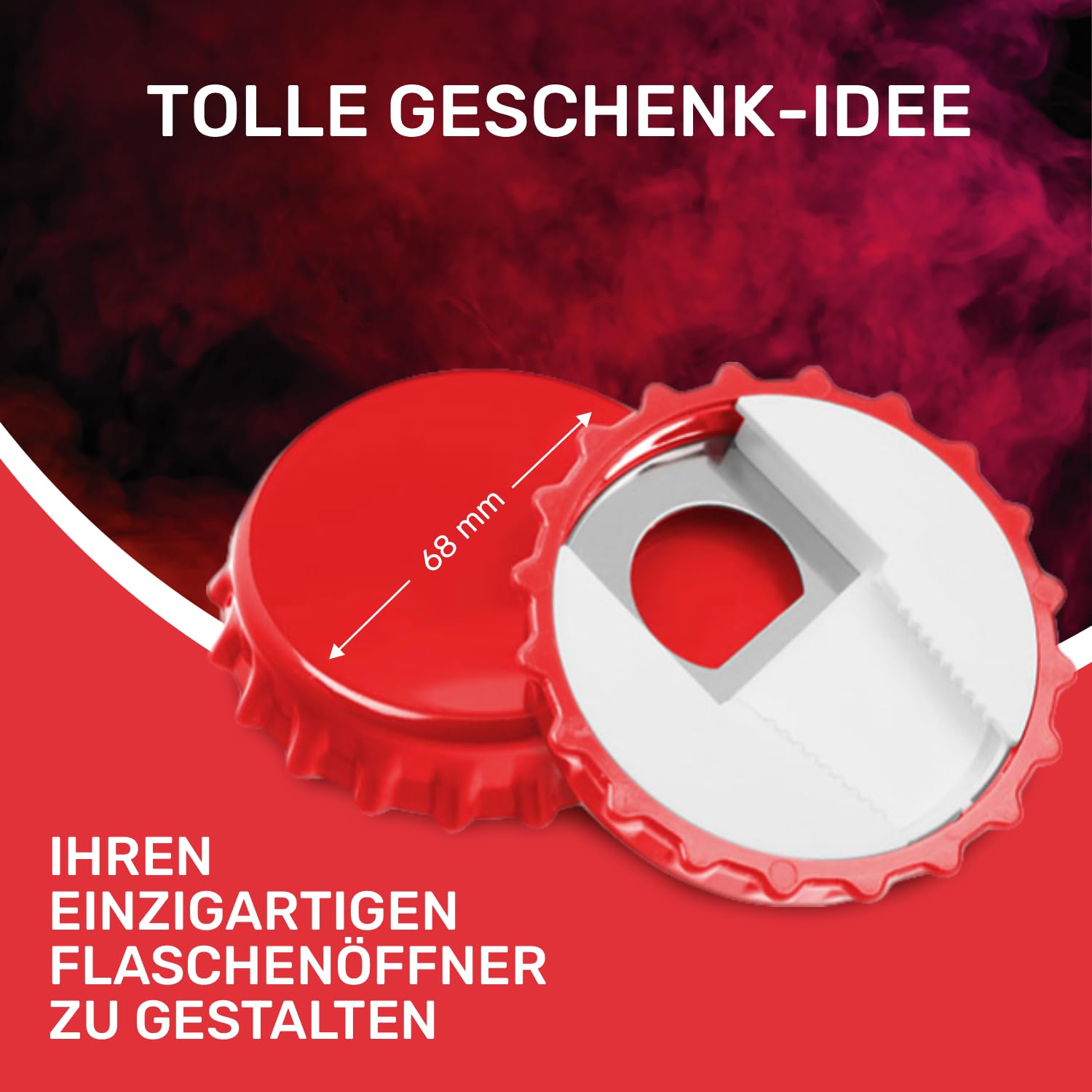 Personalisierter Kronkorken Flaschenöffner WEISS - 84 mm Durchmesser Wähle aus 4 Farben und 20 Schriftarten für den Druck. Eigene Logos auch möglich (Rot, 50)