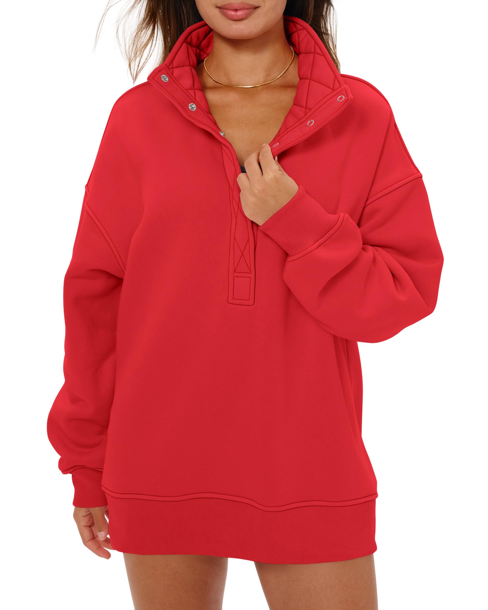 Women's Henley Neck Button Oversized Sweatshirt Casual Long Sleeve Pullover Tops 2025 Fashion Outfits Clothes Red M-image-13