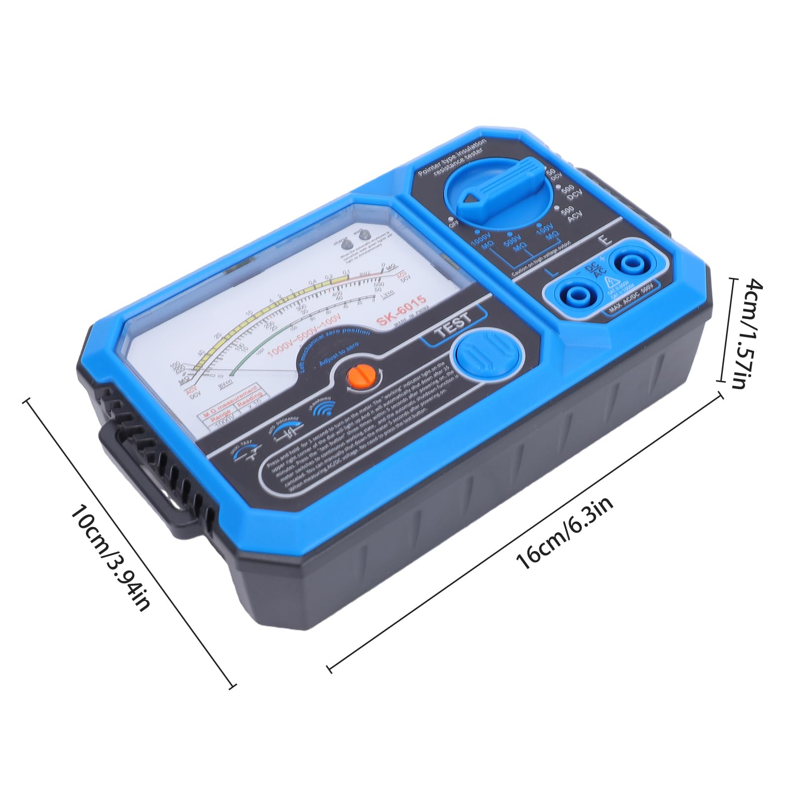 Karlak Tester di Resistenza di Isolamento Analogico Misuratore Tensione Tester Elettrico Puntatore Tipo 100 V 500 V 1000 USB C Ricarica Ampio Quadrante Retroilluminato Allarm (SK-6015)