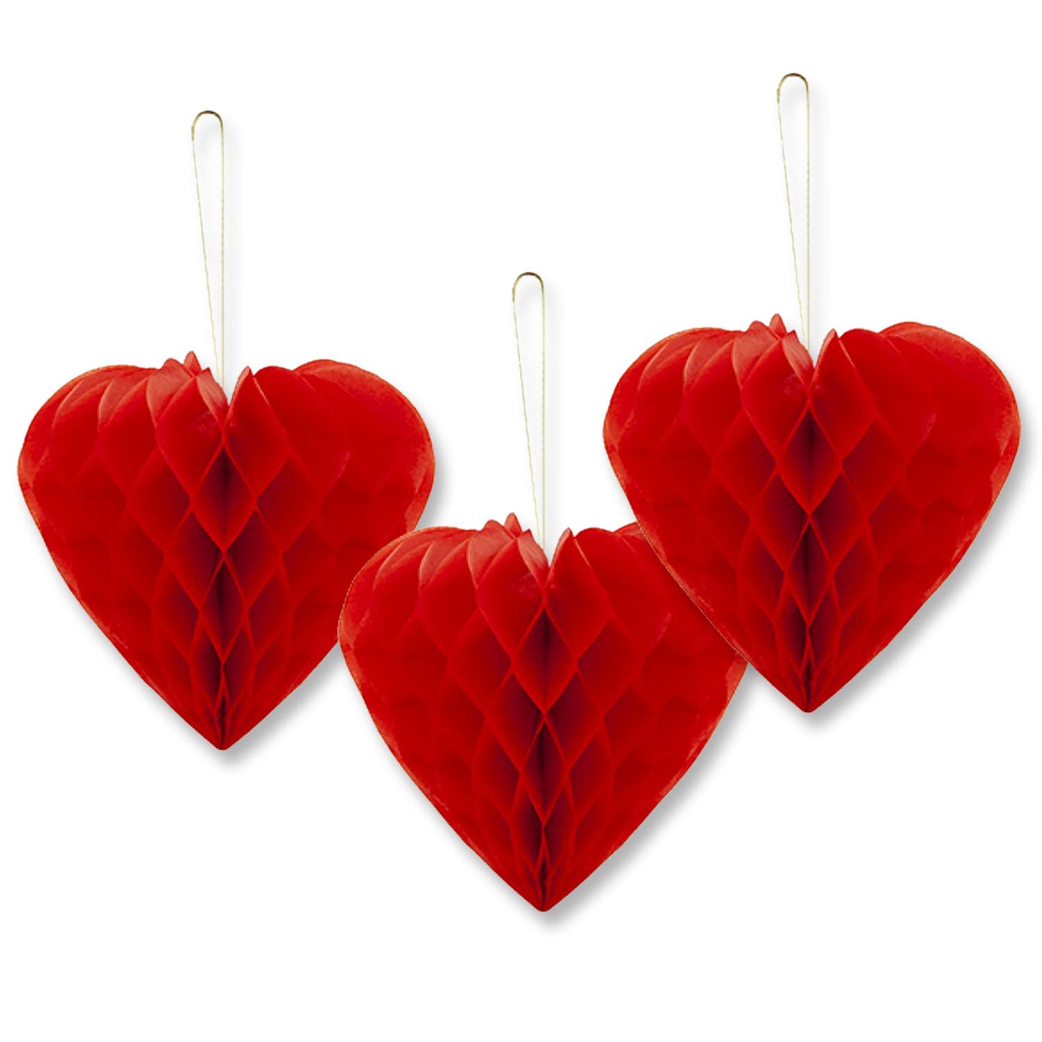 AKH® Red Honeycomb Love Heart | 23cm | Pack of 3 | Hanging Paper Valentines Decoration Kit | Valentine's Day Red Hanging Honeycomb Hearts Balls Poms for Wedding Valentine Anniversary Party Supplies