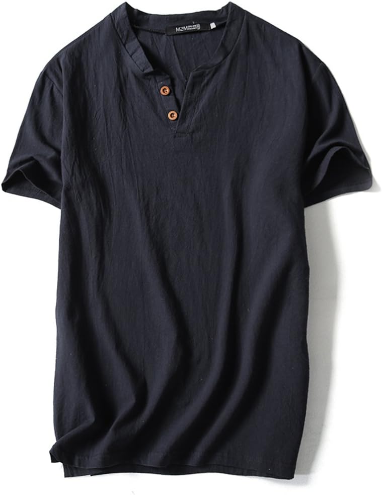 VANCOOG Mens Short Sleeve Henley V-Neck Linen and Cotton t-Shirt with Button (X-Small, Black)