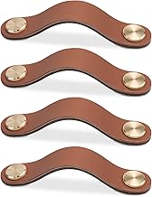 4 x Leather Furniture Handles, Cupboard Door Knobs Leather Drawer Knobs, Vintage Furniture Handles for Cabinets, Dressers, Kitchen, Bathroom (Light Coffee, 96 mm)