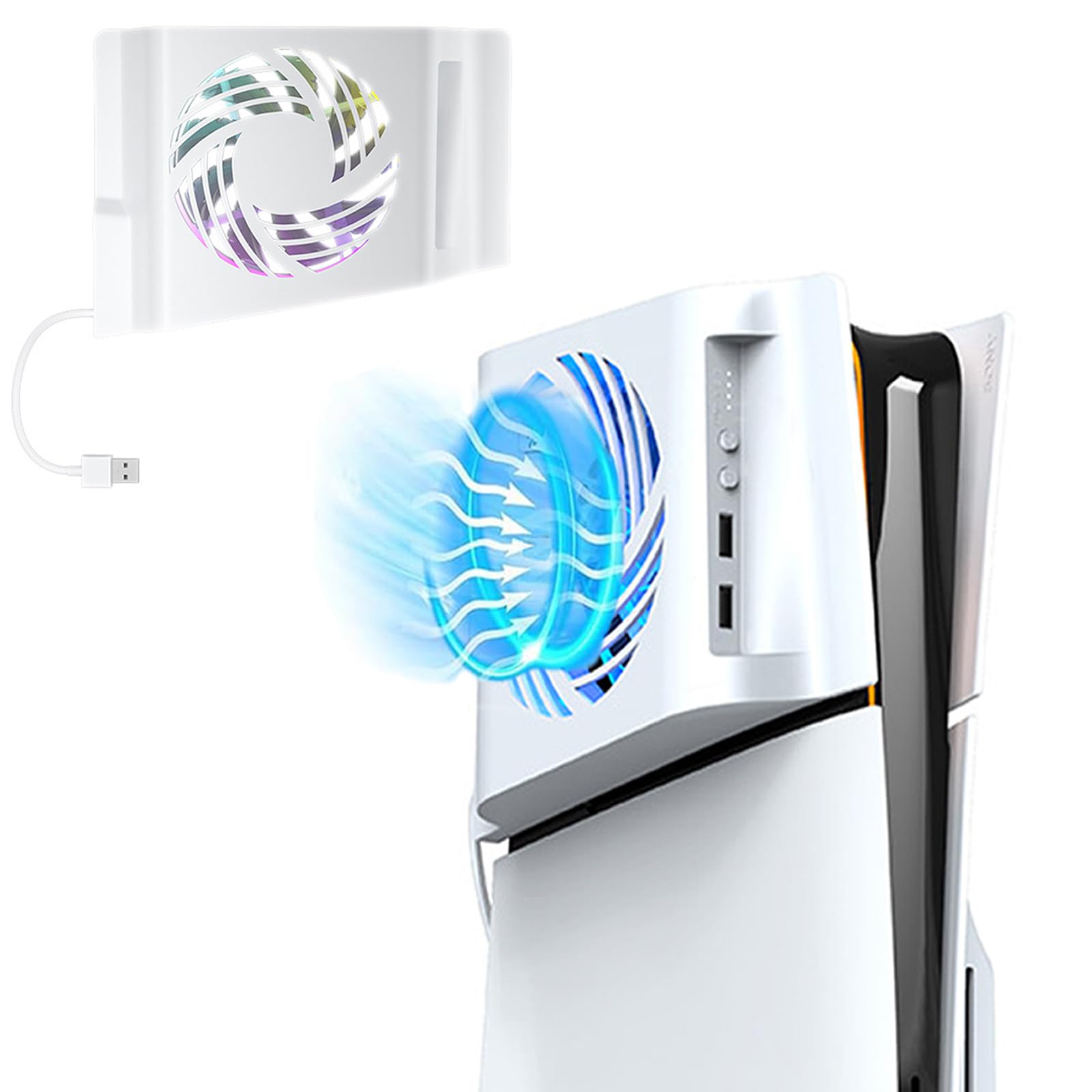 Ventola per PS5 Slim Ventola di Raffreddamento,per Accessori PS5 Slim,con Dissipazione del Calore Laterale/Rilevamento Automatico Della Temperatura/Luce RGB/3 Velocità Dell'aria/USB 2.0