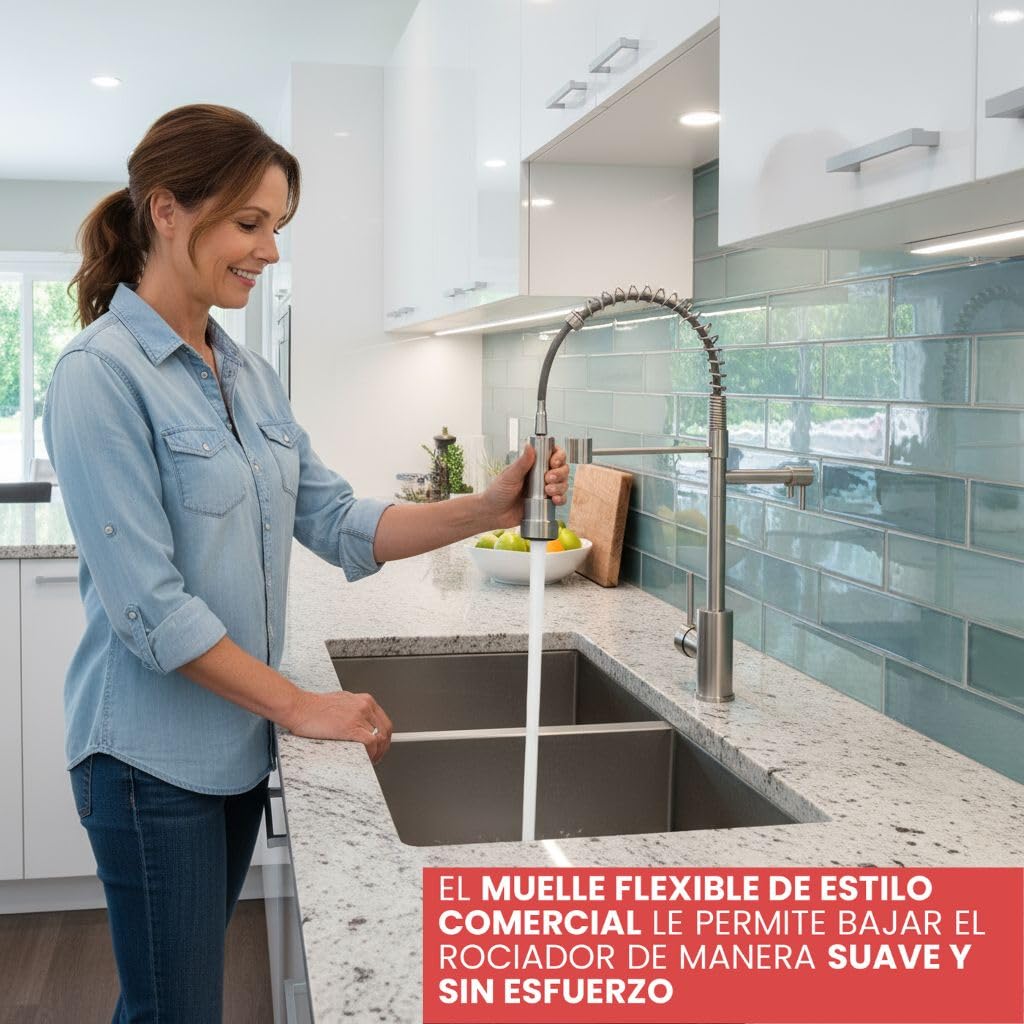 GOLDMAN SERVICE | Grifo Cocina Monomando Extraíble con Caño – Acero Inoxidable, 2 Modos Agua (Spray/Flujo), Giratorio 360°, Manguera 40cm, Instalación Rápida, Grifo Fregadero Flexible