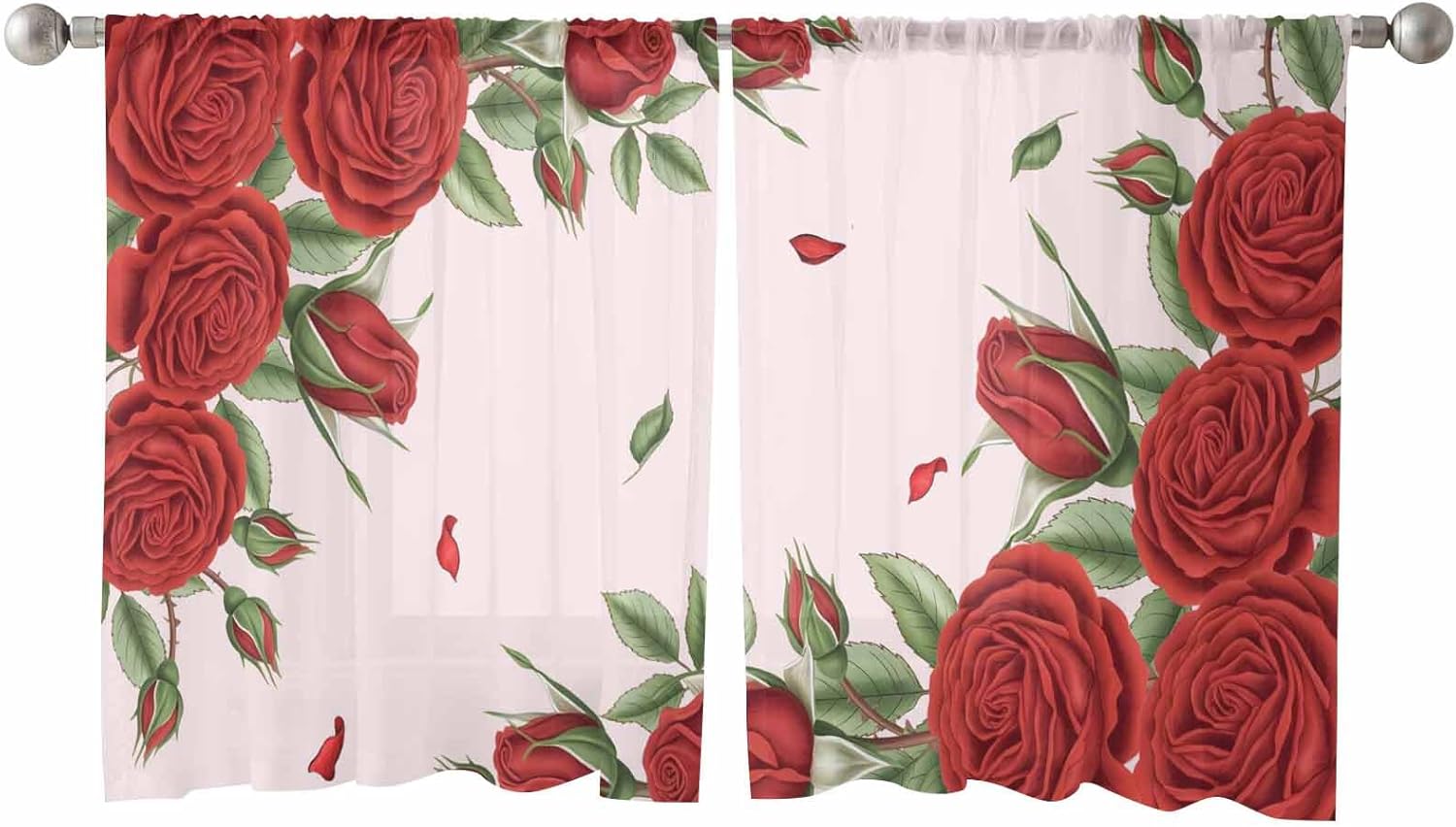 Valentine's Day Sheer Curtains 45 Inches Long Valentine's Day Red Rose Romantic Pink Curtains Rod Pocket Semi Sheer Panels Polyester Living Room Curtains Window Treatment, 2 Panels, 52x45 Inch