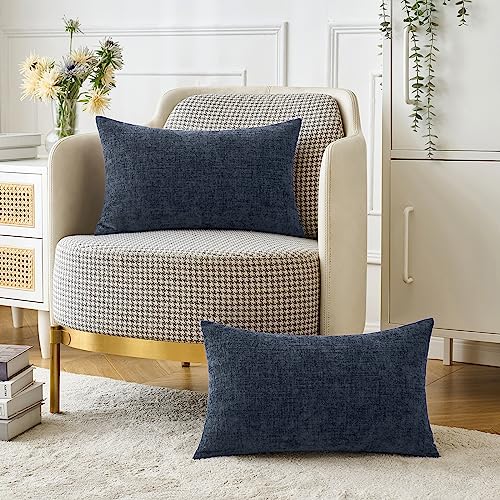 Image of MIULEE Pack of 2 Couch Throw Pillow Covers 12x20 Inch Soft Navy Blue Chenille Lumbar Pillow Covers for Sofa Living Room Solid Dyed Cases