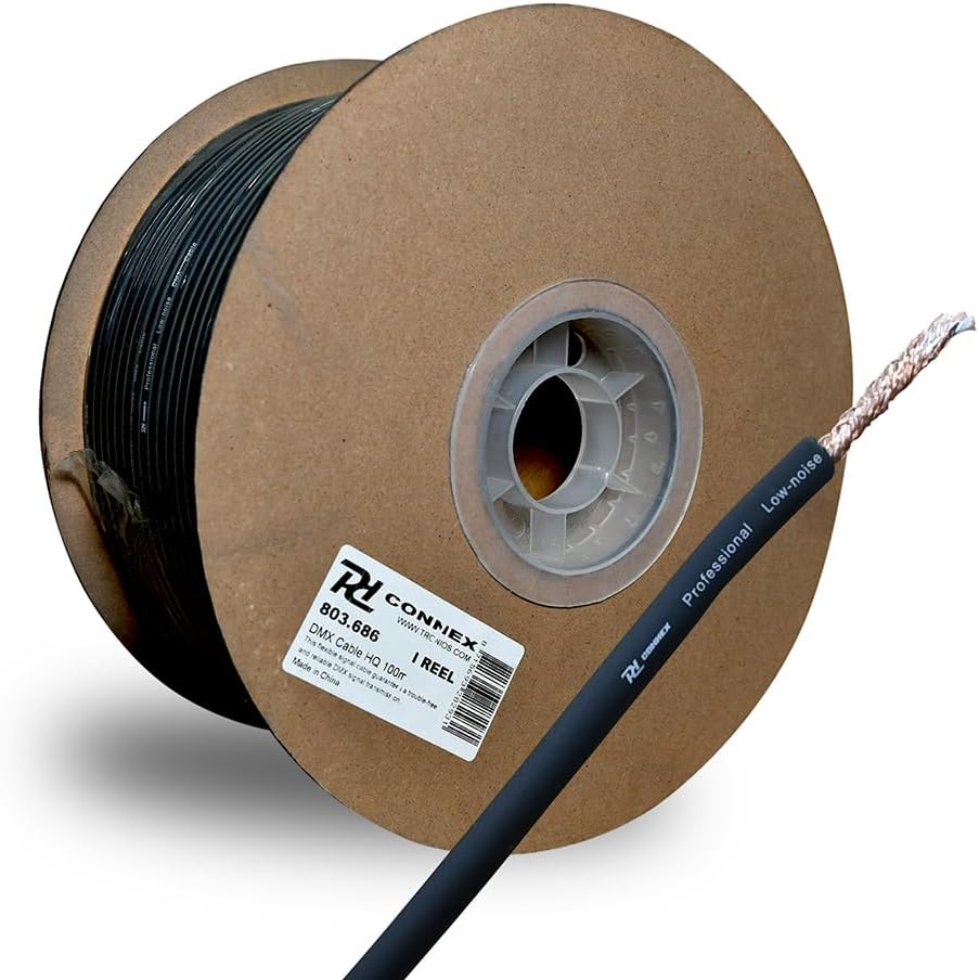 Professional DMX Signal Cable Reel 100m, Black Flexible Shielded Audio Lighting Wire, 2-Core 6mm Diameter, 0.22mm^2 CSA, DJ Studio Stage Installation Cable