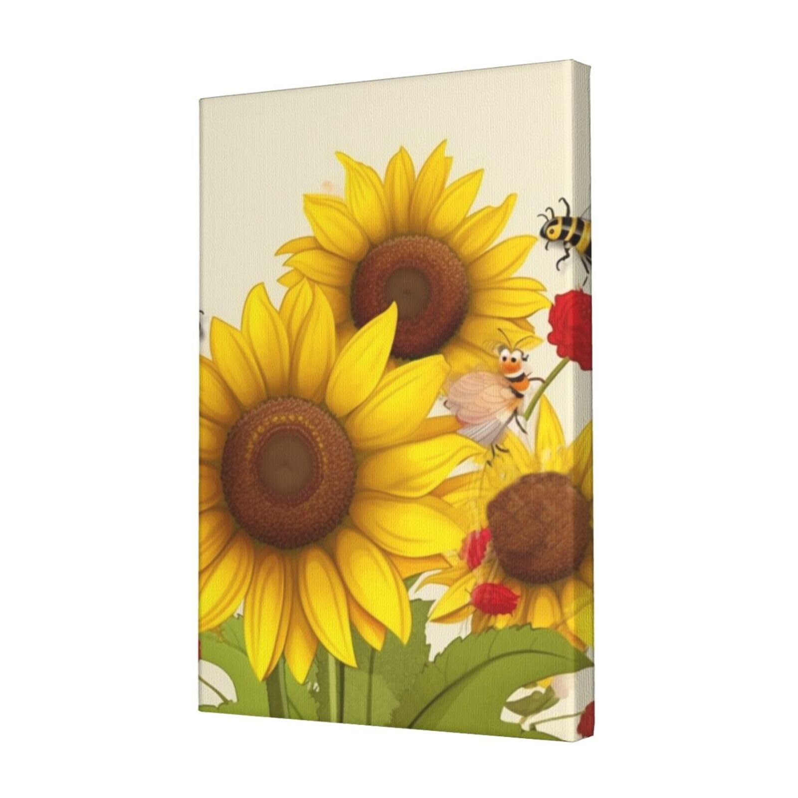 KLOPH Bees Sunflowers Daisy Rose Flowers Canvas Wall Art for Living Room 12"x18" Modern Artwork Painting for Bathroom Hanging Canvas Prints Aesthetic Wallart for Bedroom Kitchen Office Wall Decor