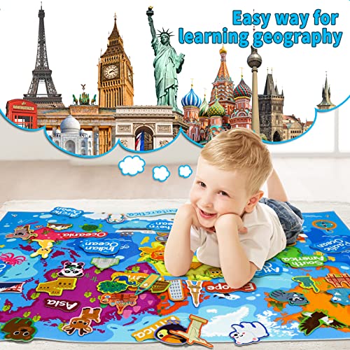 Taika World Felt Set, Felt World Map with World Famous Sights, Educational Play Mat Flannel Board Set, 43x28 inch Preschool Learning Flannel Board