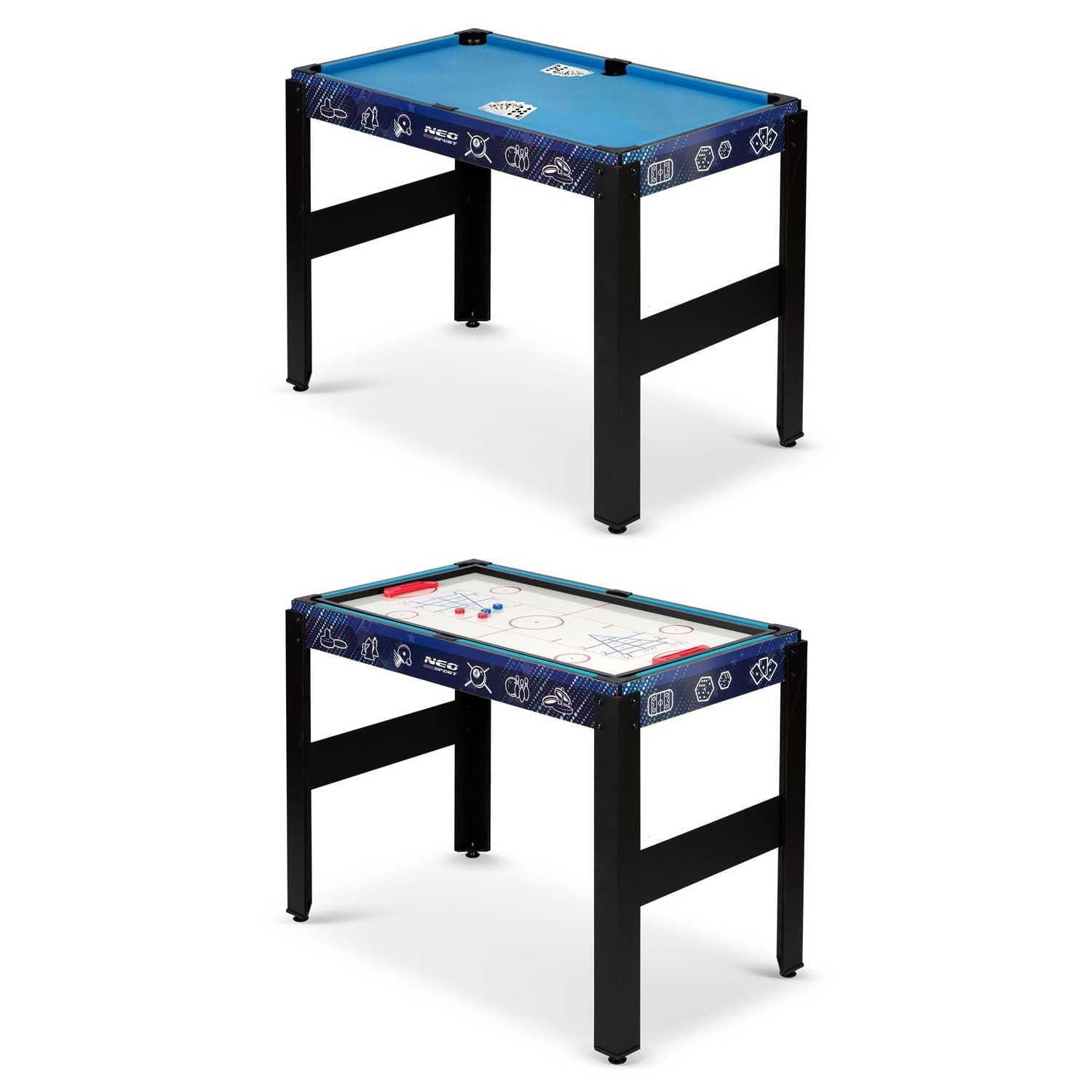 Neo-Sport Multi Spieltisch 12in1, Tischfußball, Tischflagge, Cimberg, Billard, Kontrolle, Bowling, Schach, Karten, 106 x 59 x 90 cm
