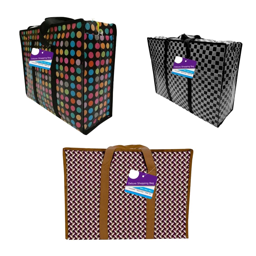 1ABOVE 3 Pack Deluxe Shopping Bag Laundry, Shopping, Storage, Reusable Store, Cloth, Moving, Waterproof, Handles and Zipper Bags (L (50X37X17CM))
