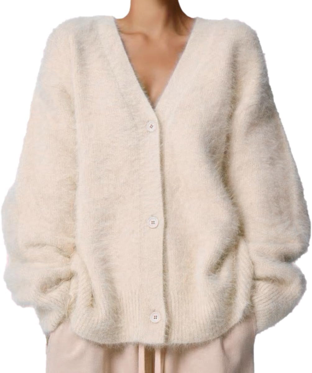 Womens Fuzzy Sweaters Cardigan V-Neck Button Down Oversized Mohair Sweater Casual Y2k 2025 Fall Winter