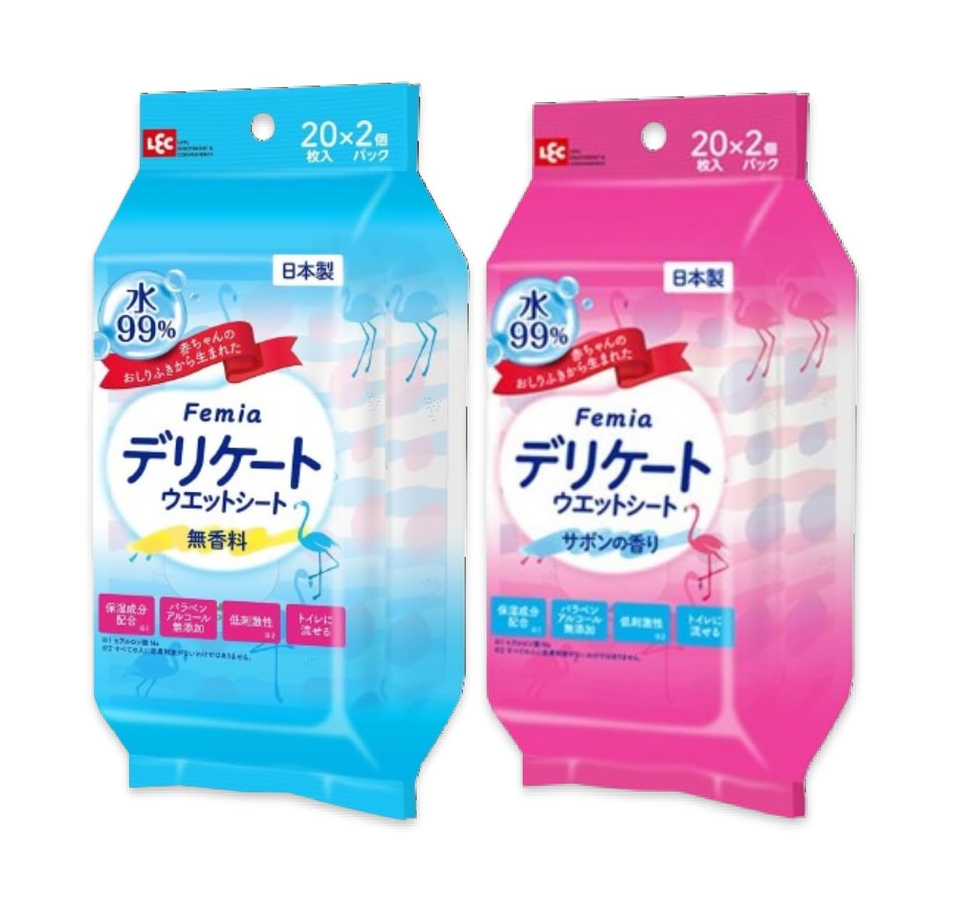 LEC Femia フェムウェット デリケート ウェットシート (無香料 (20枚入×2)＋サボンの香り (20枚入×2))