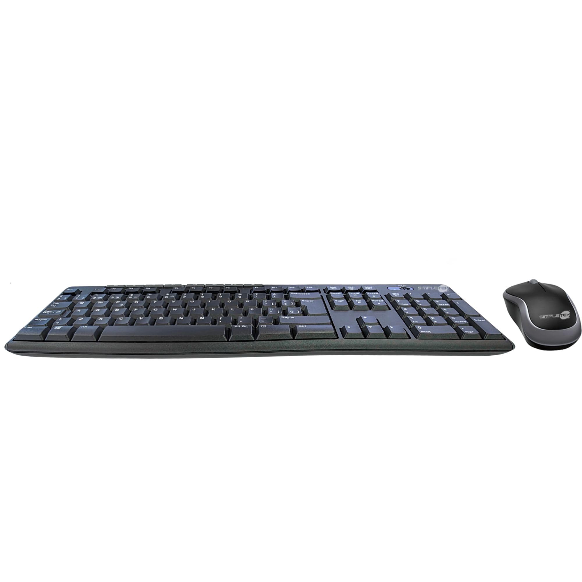 SIMPLETEK - Bezprzewodowa klawiatura optyczna i zestaw myszy | hiszpański układ ES QWERTY | anty-kik, zasięg 10 m, zasięg 2,4 GHz