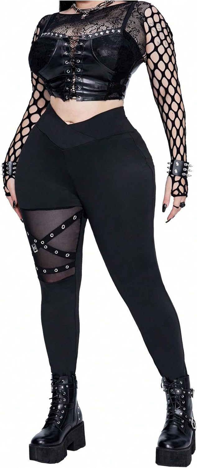Floerns Women's Plus Size Goth Leggings Patchwork Punk Contrast High Waisted Legging Pants - Image 5