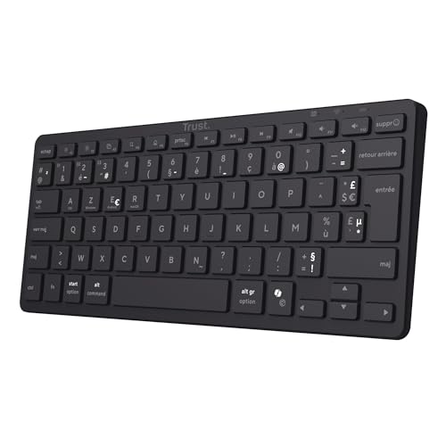 Trust Vira Clavier sans Fil Bluetooth AZERTY Français, Clavier Bluetooth Multi-appareils Rechargeable Compact, Touches Ciseaux pour Ordinateur Portable, Windows iOS iPadOS macOS Android, Noir