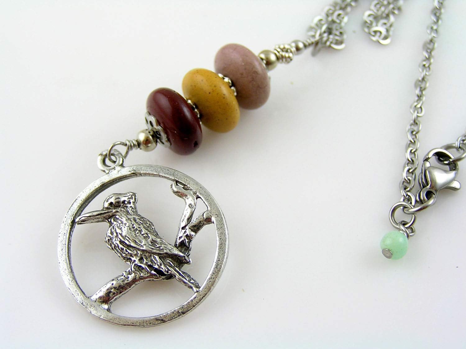 Kookaburra Necklace with Mookaite and Chrysoprase, Stainless Steel Chain
