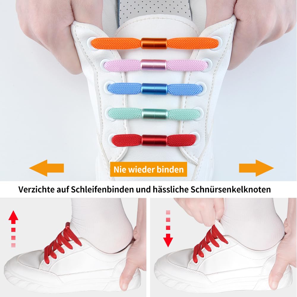 RJ-Sport 2 Paar flache Schnürsenkel ohne Binden - Elastische Schnürsenkel mit Schnellverschluss - Schnellschnürsystem für Einzigartigen Komfort und Starken Halt - mit Metallkapseln - 3
