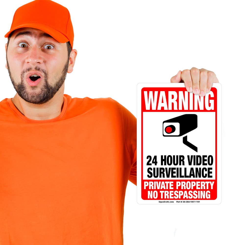 Paquete de 2 letreros de videovigilancia de 24 horas, señales de propiedad privada de 10 x 7 pulgadas, cámara de seguridad para el hogar, negocios, letrero privado, uso en interiores y