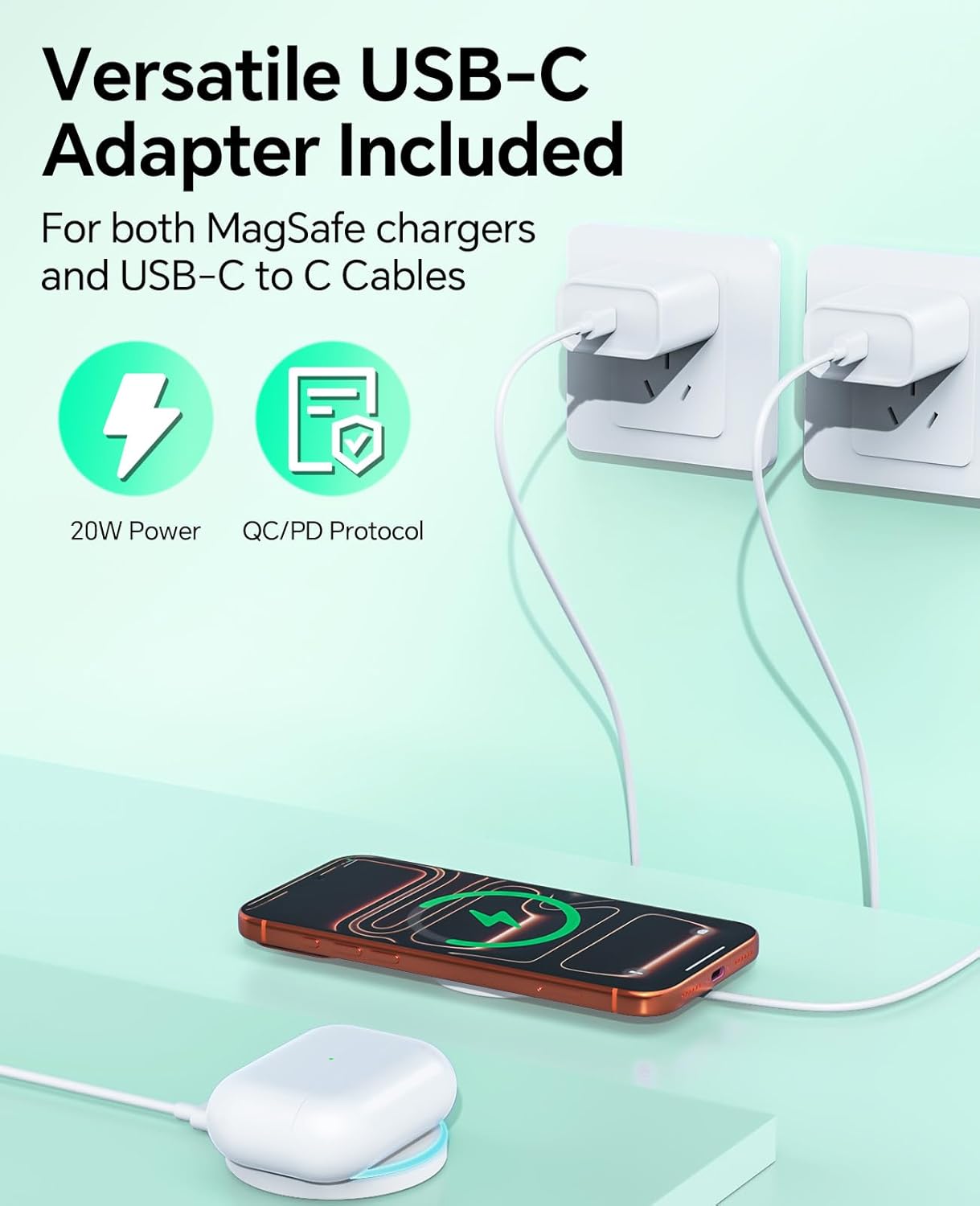 2 Pack 15W Magnetic Wireless Charger Fast Charging Pad with 20W Adapter and 6FT Cables for iPhone 17/16/15/14/13/12 Series/AirPods 3/2/Pro Apple Chargers for Travel/Office/Home - Image 3