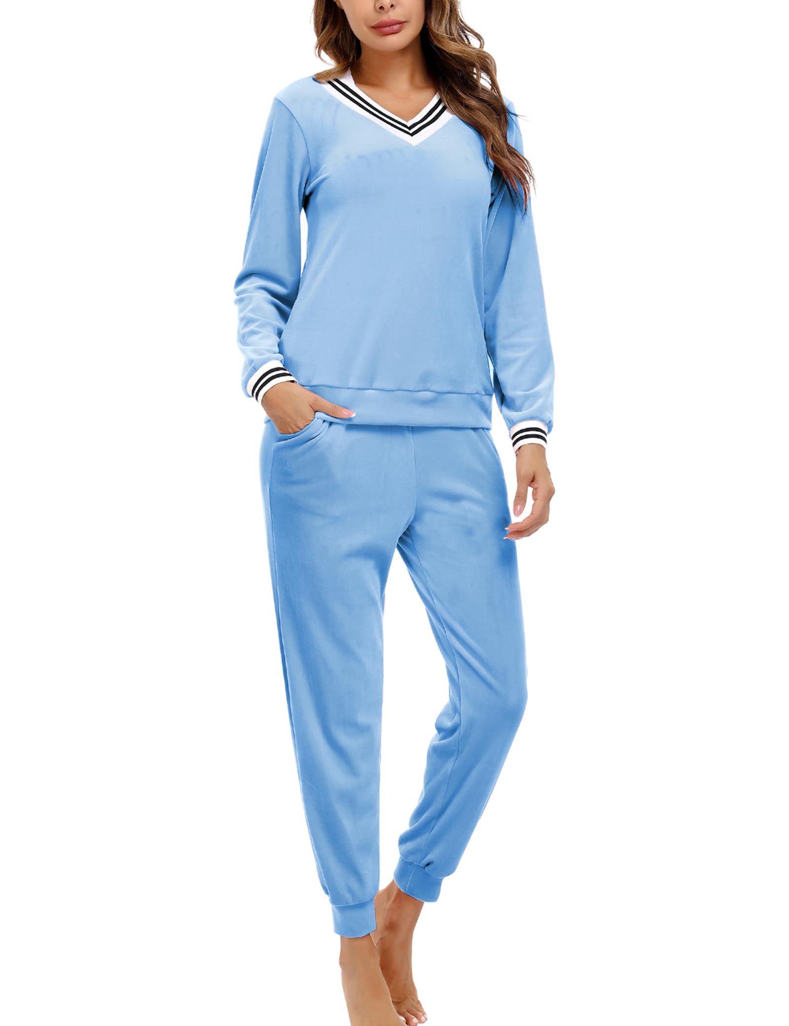 Totatuit Schlafanzug Damen Lang Zweiteiler Samt Pyjama Set Loungewear Freizeitanzug Herbst Winter Jogginganzug Hausanzug Warm Velour Langarm Oberteile mit Hose