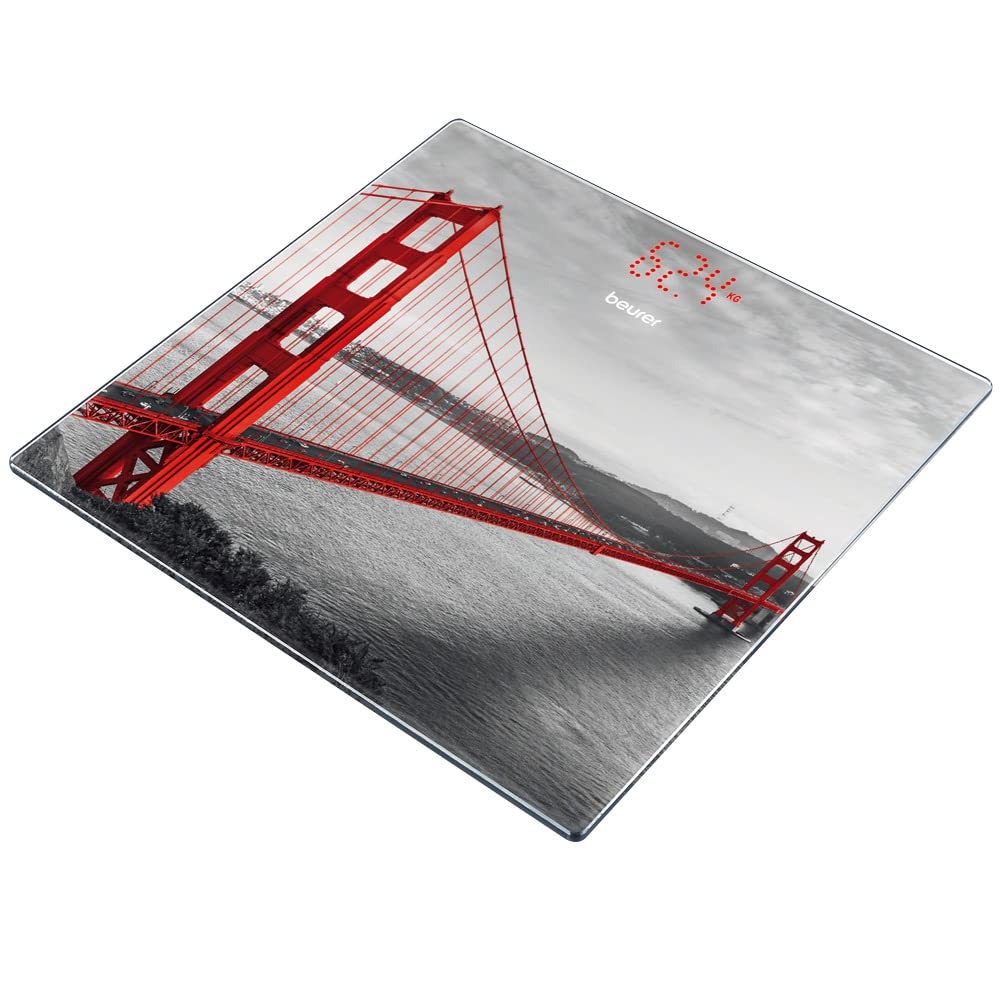 Beurer GS 215 Glaswaage San Francisco, digitale Personenwaage mit Trittfläche aus Sicherheitsglas, Tragkraft bis zu 180 kg, Magic-Display, Dot-Matrix-Anzeige, Bunt
