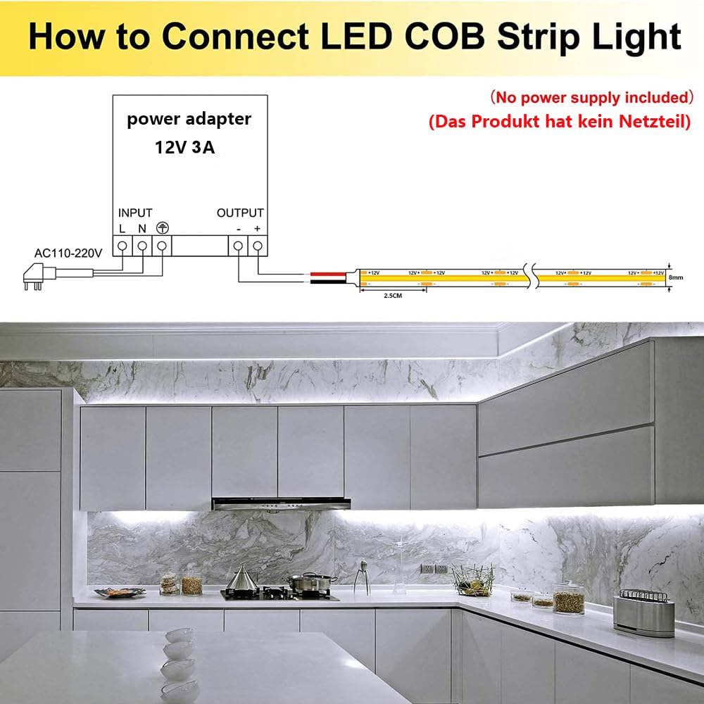TOPAI Ruban LED COB 12V Blanc Froid Exterieur Etanche IP65, 5M Bande LED 6000K Autocollant, Découpable, CRI>90, 480LEDs/M Haute Densité, Largeur 8mm pour Cuisine, Armoire, Décoration de la Maison