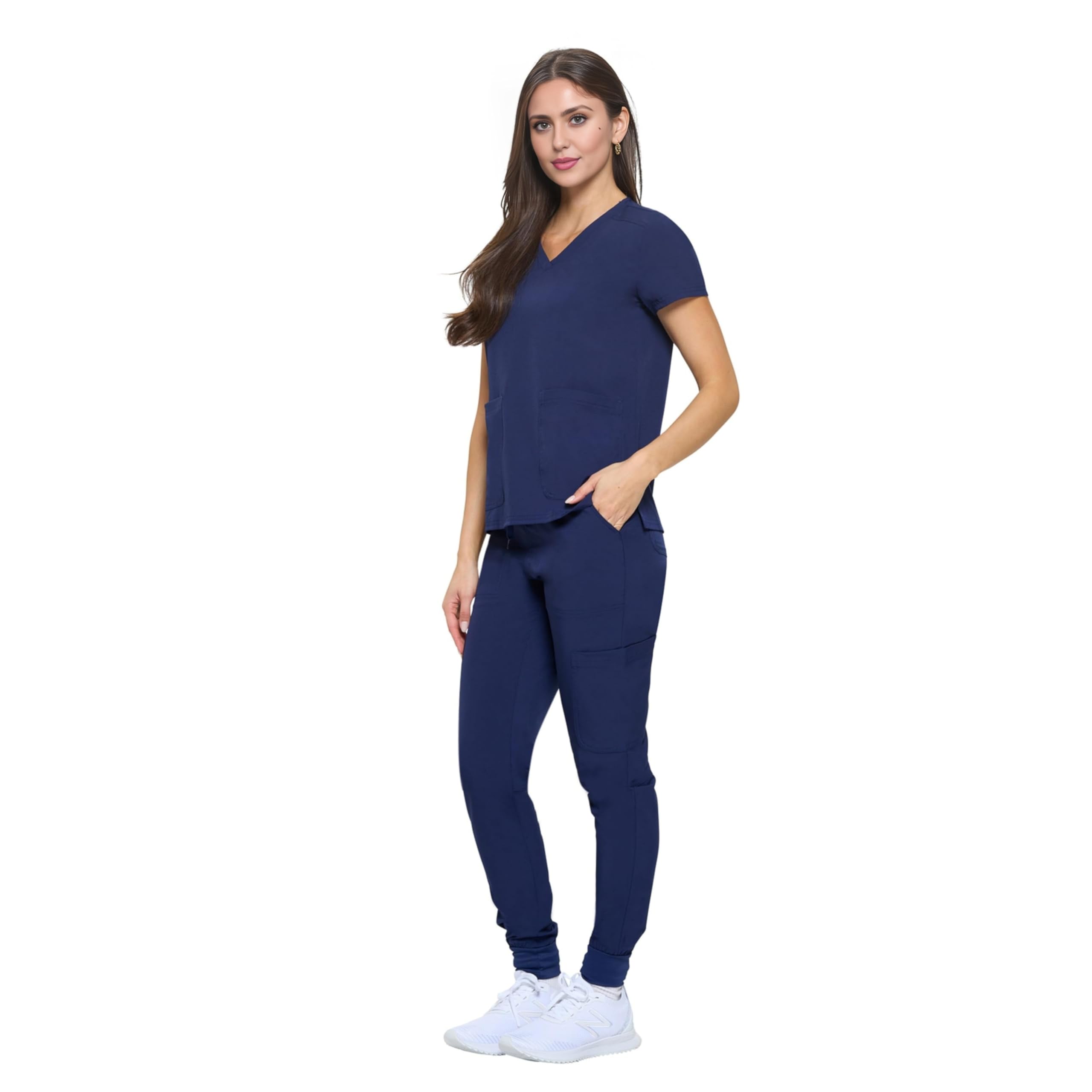 M&M SCRUBS Women's Essential Jogger Scrub Set Nursing Uniform Clearance Cool Stretch Scrub Top and Pant Workwear (True Navy Blue, Medium)