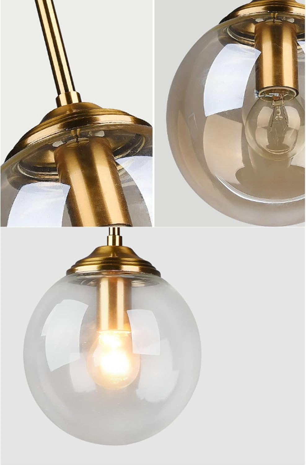 Lampada a sospensione a sfera in vetro trasparente/grigio fumo/ambra Lampadario industriale in ottone vintage a 3 luci Lampada a sospensione a grappolo E27 Plafoniera per soggiorno con isola cucina