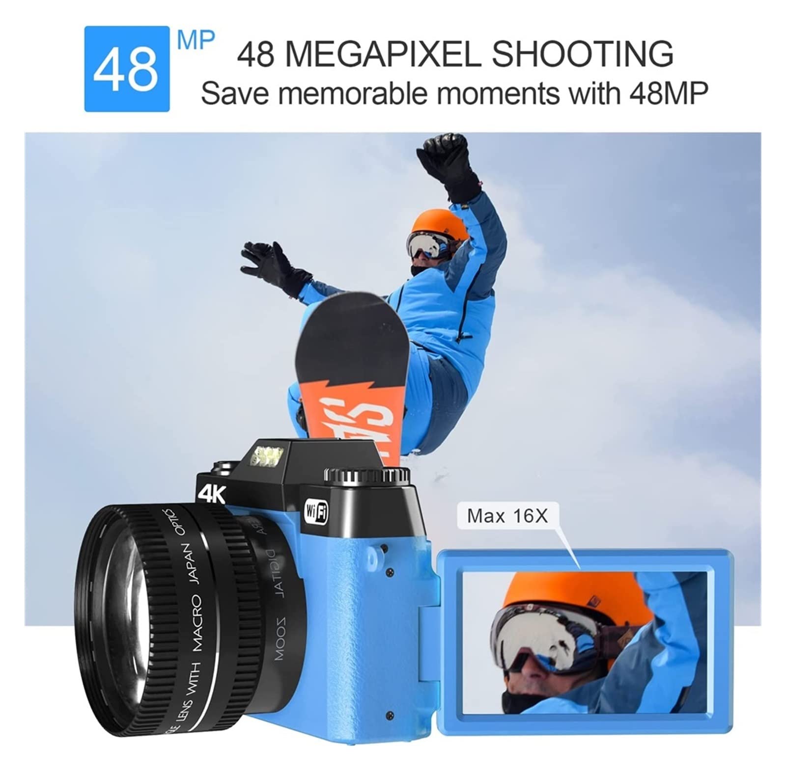 Obiektyw makro 48MP aparat AF do fotografii 16X szerokokątna kamera 4K Streaming kamera internetowa odwróć ekran wideorejestrator Do strumieniowania(16G TF Card,With 2 Lens-02)