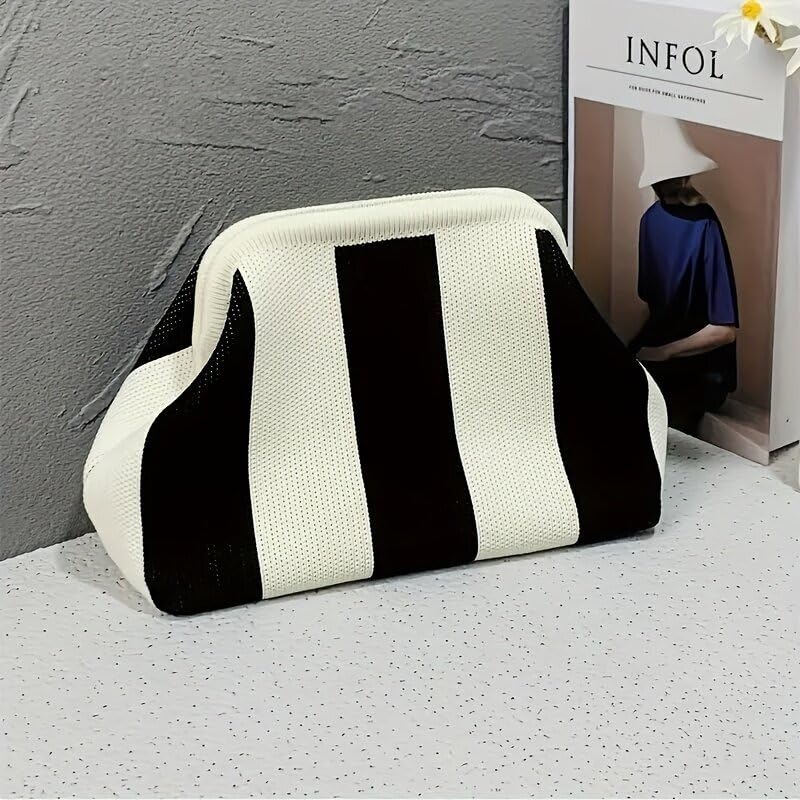 Image of Kawn Women's Striped Crochet Clutch Purse | Woven Handcrafted Shoulder Handbag | Kiss-Lock Dumpling Style Evening Clutch for Daily Use & Outings