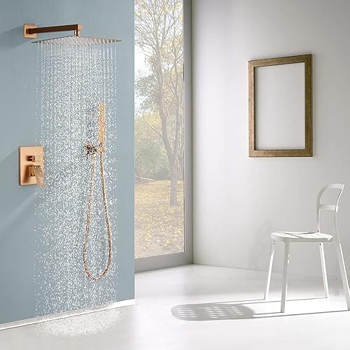 Miniatura 2 de Iriber - Sistema de ducha de lluvia en oro rosa cepillado con cabezal de ducha de 12 pulgadas y juego de ducha de mano montado en la pared del baño