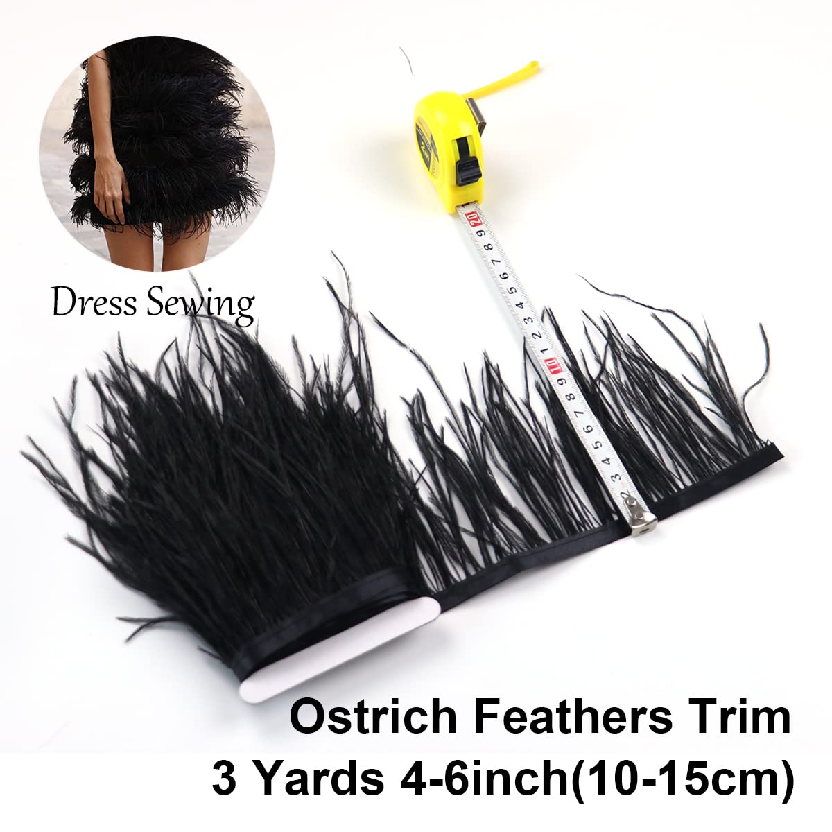 2.75 m 10-15 cm Nero piume di struzzo tinte frangia per fai da te, cucito, artigianato, costumi, decorazione