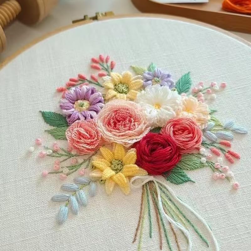 M.A.K 1pcs Cross Stitch Kits for Kids Beginners Adult, Embroidery Kits Stamped Flower Pattern, Needlepoint Kits with Embroidery Hoop, Floss, Needles, Detailed Instruction