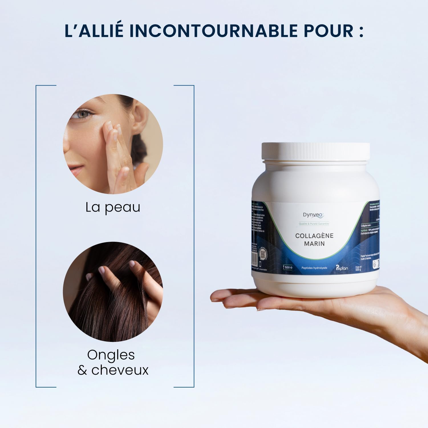 Collagène Marin hydrolysé - Peau souple & hydratée - Type 1 peptides bioactifs 2000 DA - Haute Biodisponibilité - Collagène en Poudre Qualité Peptan®- Issu de pêche durable - 500G (48 jours) - Dynveo