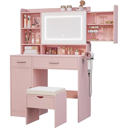 Vanity Desk with Mirror and Lights, with Hidden Shelves,4 Compartments,2 Drawers,Cabinet & Stool,Dimmable LED Lights,Power Outlets, Ideal for Bedroom Vanity Organization (Pink)