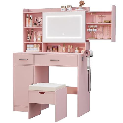Viaozutis Vanity Desk with Mirror and Lights, with Hidden Shelves,4 Compartments,2 Drawers,Cabinet & Stool,Dimmable LED Lights,Power Outlets, Ideal for Bedroom Vanity Organization (Pink) - Pink