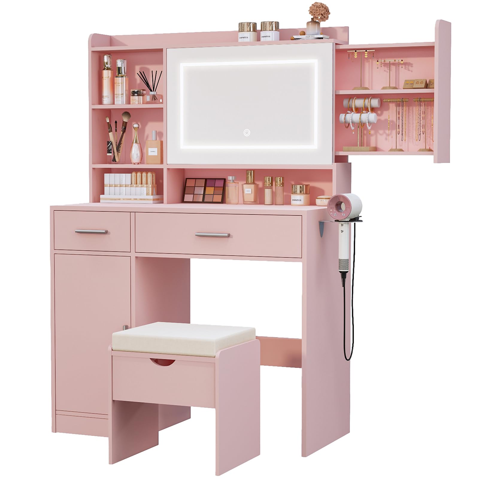 Photo 1 of Vanity Desk with Mirror and Lights, Makeup Vanity Table with Power Outlet, Hidden Shelves, 2 Drawers, Cabinet, Storage Stool and Side Jewelry Rack, Dimmable LED White Vanity Desk for Bedroom Pink