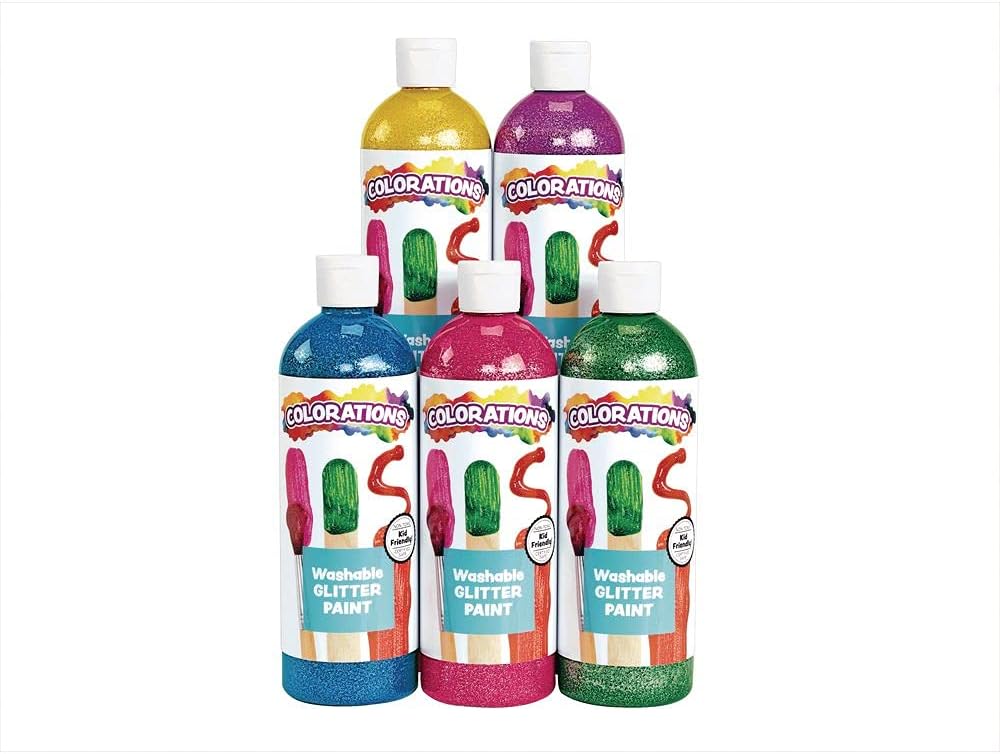 Colorations Washable Glitter Paint for Kids, Each 16 fl oz, 5 Colors, NonToxic