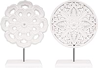 AXEARTE 2 Pack Rustic Distressed White Wooden Flower Medallion Sculptures - Carved MDF Tabletop Statues for Living Room, Bedroom, Office Decor