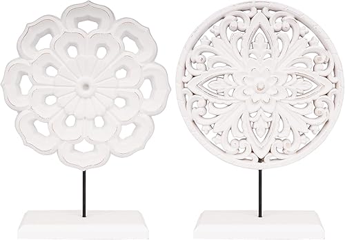 AXEARTE Paquete de 2 esculturas de medallón de flores talladas de madera, estatuas rústicas de MDF blancas envejecidas, decoración de mesa para el